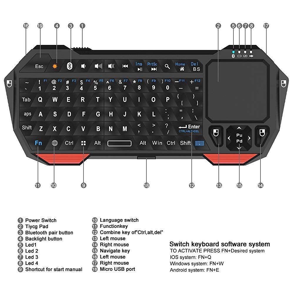 Mini Wireless Bluetooth Keyboard Built-in Mouse Function