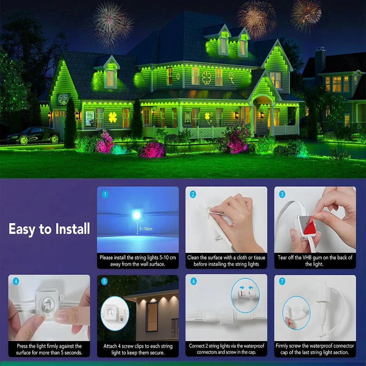 148FT APP Permanent Outdoor Eaves LED Lights Waterproof Smart RGBIC String Lights DIY Scene Full House Christmas Lighting Decor